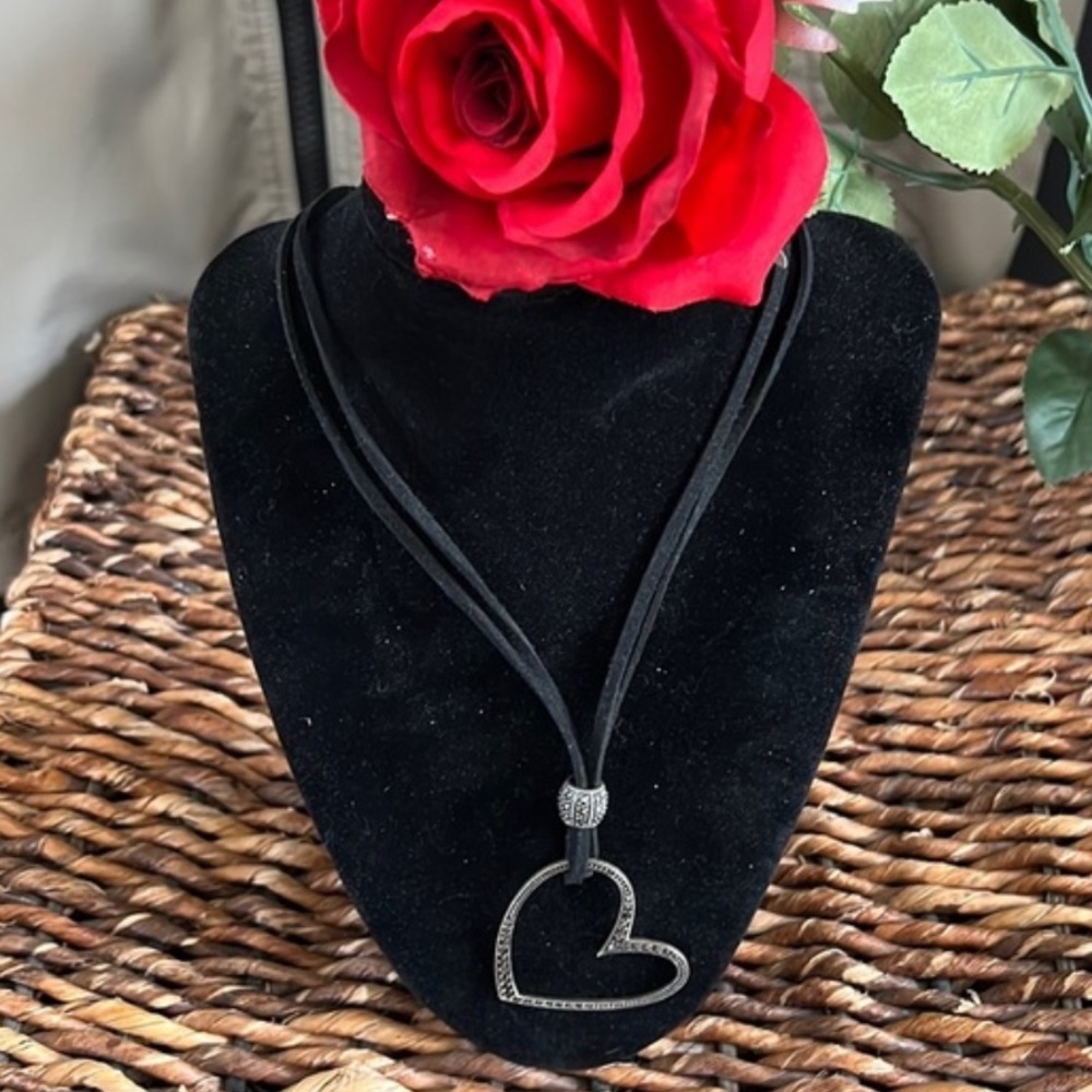 Pretty Silver Tone Heart Necklace on Black Rope.